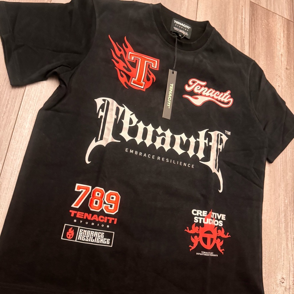 Tenaciti Studios T-shirt XL Patchwork Embroidery Velvet Feel Black Red White NWT